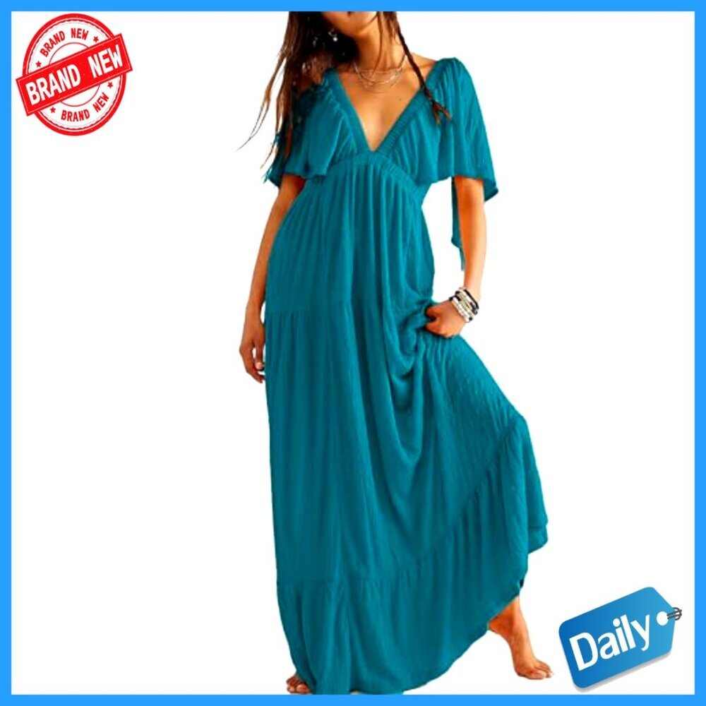 V-Neck Maxi Dress with Flutter Sleeves Backless Elastic Waist Tiered Flowy - Picture 2 of 7